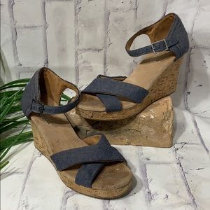 Toms Wedges Sienna Chambray Denim Ankle Strap Cork Sandals